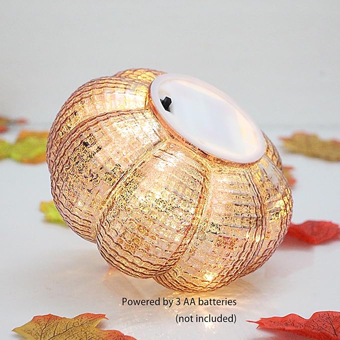 Mercury Glass Pumpkin Lights with Timer, Battery Operated Led Pumpkin Lights for Halloween Fall,Thanksgiving Rustic Decor (Rosegold Grid-Patterned, 5.5")