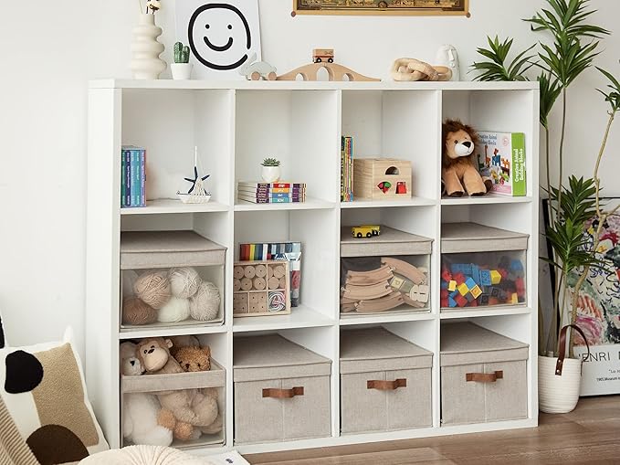 StorageWorks Storage Bins with Lid and Clear Window, Fabric Storage Boxes with Lids, Stackable Basket for Shelves, Closet Organizer and Storage Bins, Brown and Beige, Large, 4-Pack