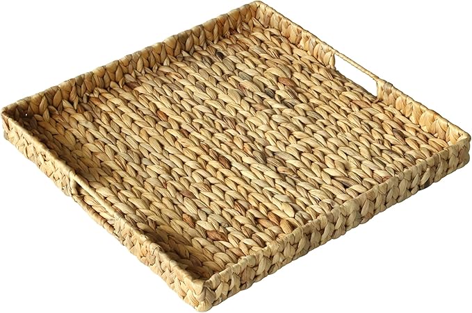 Extra Large Square Ottoman Table Tray 19.7" with Handles - Water Hyacinth Wicker Serving Tray for Farmhouse Decorative Oversized Coffee Table Trays Living Room Kitchen Counter Breakfast (Flush Edge)
