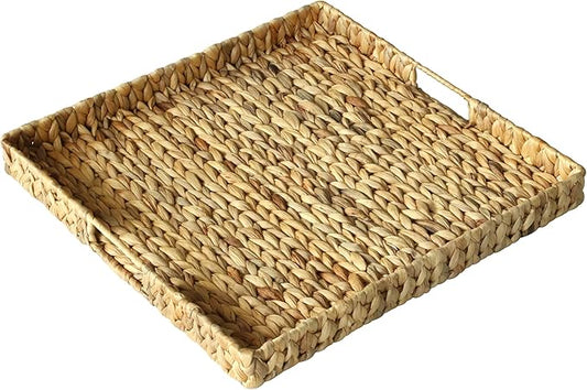 Extra Large Square Ottoman Table Tray 19.7" with Handles - Water Hyacinth Wicker Serving Tray for Farmhouse Decorative Oversized Coffee Table Trays Living Room Kitchen Counter Breakfast (Flush Edge)