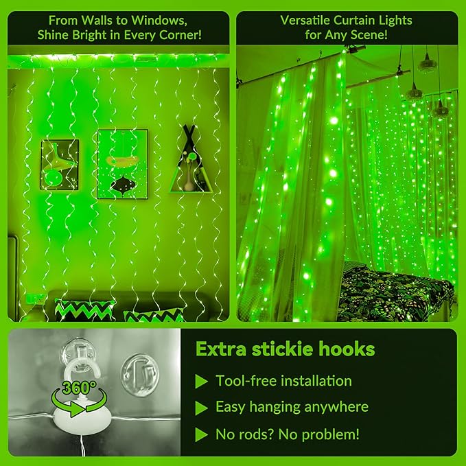 HXWEIYE 300LED Fairy Curtain Lights, 9.8x9.8Ft Green USB Plug in 8 Modes Timer Christmas String Hanging Lights with Remote for Bedroom Backdrop Wedding Party Home Wall Garden Outdoor Indoor Decor