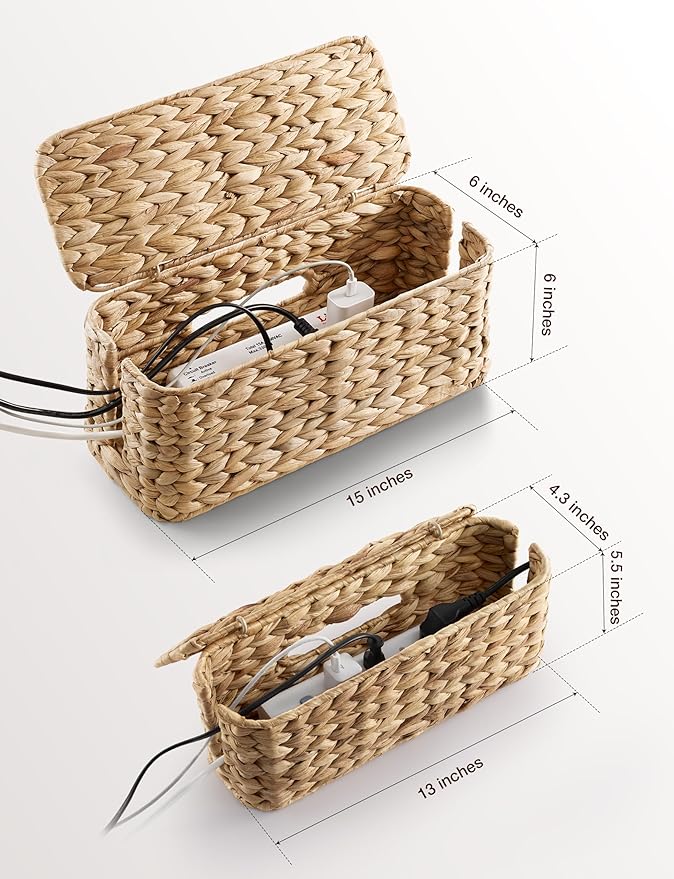 Set of 2 Wicker Large Cable Management Box - Cord Box Hider for Home, Office - Water Hyacinth Cable Hider Box, Surge Protector Box for TV Wires, Computer - Power Strip Box - 3 Slots, Secure Lid