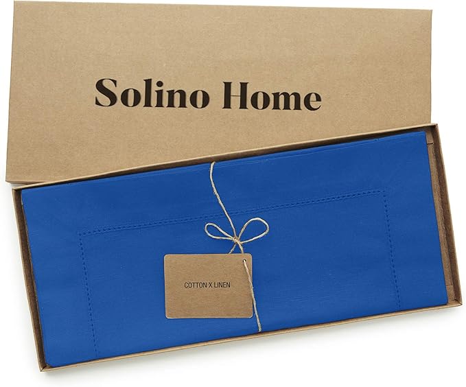 Solino Home Blue Hemstitch Table Runner 36 Inches - Cotton Linen Small Table Runner 14 x 36 Inch Ideal for Dresser and Coffee Tables - Christmas