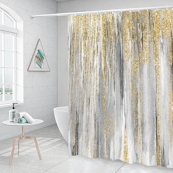 JAWO Abstract Shower Curtain, Modern Aesthetic Stripe Shower Curtain Sets with 12 Hooks for Bathtub Bathroom Gray Yellow Contemporary Abstract Painting Fabric