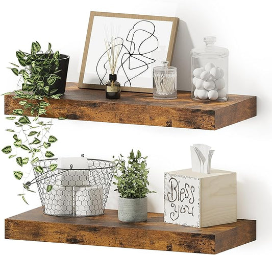 Vivelove Floating Shelves for Wall, 16 inchs x 6.7” deep x 1.4” Bathroom Shelf Bedroom, Living Room, Kitchen, Farmhouse Decor, Rustic Wood Wall Shelves with Invisible Brackets - Set of 2, Rustic Brown