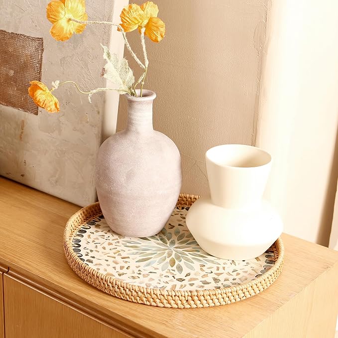 Round Rattan Tray with Mother of Pearl Inlay & Wooden Base - Decorative Wicker Serving Tray for Coffee/Bread/Fruits, Food Storage & Display - Multipurpose Home Decor (M,Blue Shells)