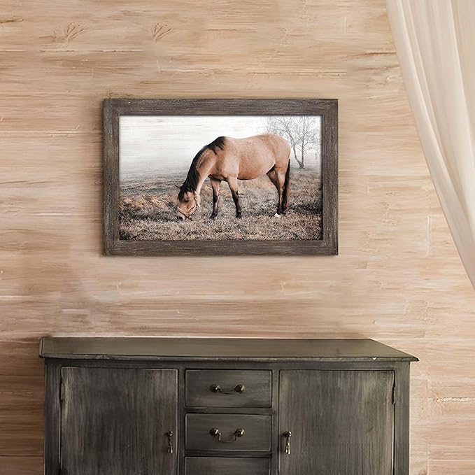 Horse Wall Art Decor Bedroom: Wild Animal Wood Framed Picture Brown Horse on Grassland Print Artwork Vintage Wildlife Painting for Farmhouse Living Room Kitchen