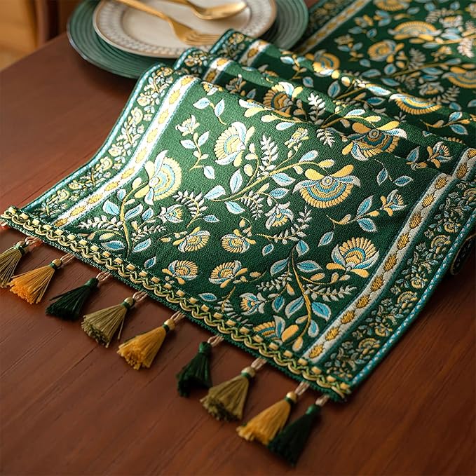 13×72 Inch Table Runner, Retro-Luxury Tassels Series for Kitchen Dining Table Holiday Decoration (Green Branch)