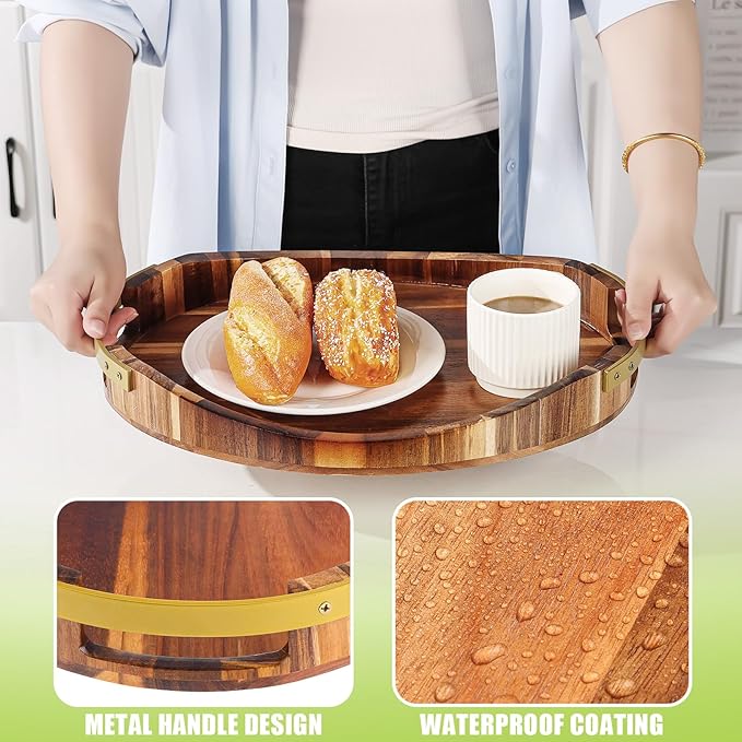 Acacia Wood Serving Tray with Metal Handles– 16"x13"x2", Large Wood Display Tray, Decorative Ottoman Tray for Living Room, Coffee Table for Breakfast, Food, Cookie, Dessert, Fruit, Snack