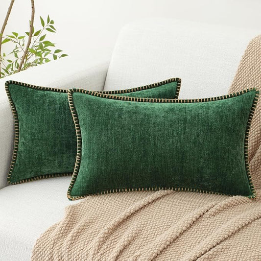 decorUhome Christmas Chenille Soft Throw Pillow Covers 12x20 Set of 2, Lumbar Velvet Farmhouse Neutral Decorative Euro Pillow Covers with Stitched Edge for Couch Sofa Bed Home Decor, Green