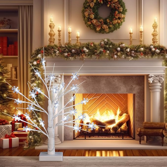 Retisee 1 Pcs Snowflake Tree LED Light with 24 LED Lights Timer USB Battery Operated Christmas Snow Indoor Outdoor for Home Table Party Decor (White Color,Snowflake)