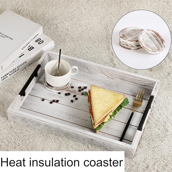 Wooden Serving Ottoman Tray With 4 Coasters, Breakfast Tray With Handles, Home Decor for Living Room, Coffee Table