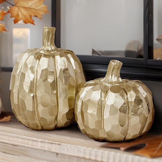 AELS 5.9" Tall Modern Pumpkins Fall Decor Indoor, Set of 2 Elegant Tabletop Decorations, Resin Artificial Pumpkins Decor for Fall Table Runner, Office, Holiday Party Home, Golden