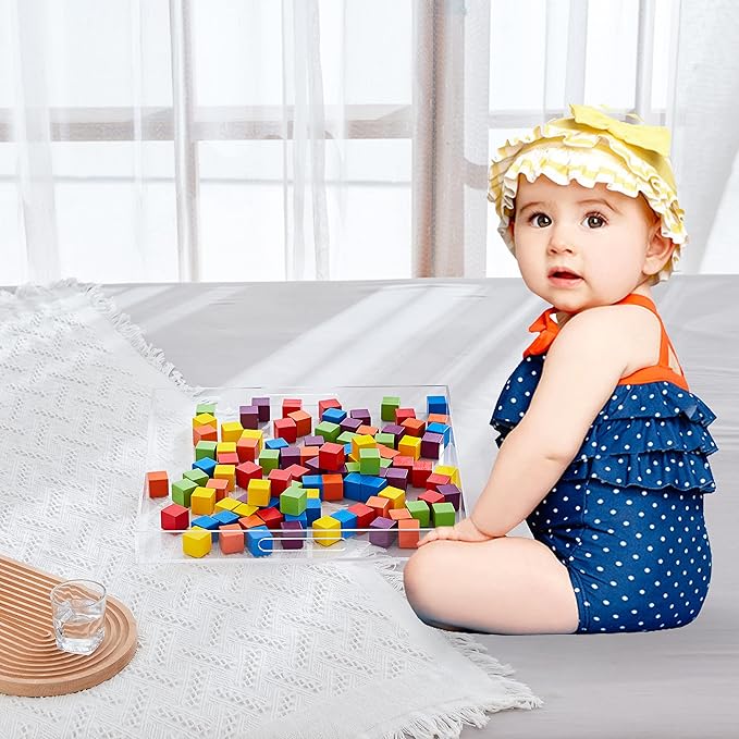 Large Clear Acrylic Serving Tray with Handles-19x19x2H Inch Big Size Spill Proof Tray for Ottoman,Coffee Table, Breakfast, Tea, Food, Butler -Safe Edge Organizer- Decorative