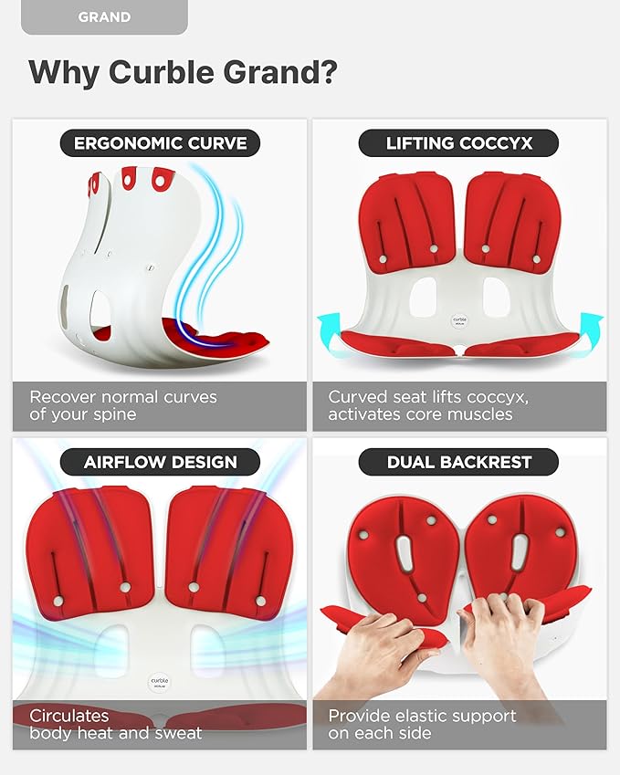 curble Grand 2PACK, Ergonomic Chair Back Support, Lumbar Support for Good Posture Correction and Back Pain Relief, Perfect for Office Chair and Work from Home, Patented(Extra Wide&Sturdy, 2P Red)