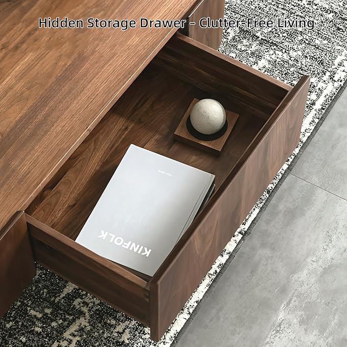 Luxury Solid Wood Coffee Table with Hidden Drawer, Fully Assembled Square Center Table for Living Room, Raised Edge Design, No Installation Needed, Premium Walnut Finish (35.43" Square Coffee Table)