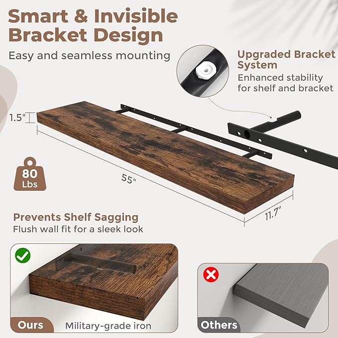 Floating Shelves for Wall with Invisible Brackets, Wall Mounted Engineered Wood Shelves with Wood Grain for Living Room, Bathroom, Kitchen Decor and Storage, Oak, 55"L Set of 2, Rustic Brown