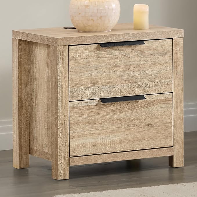 21" Farmhouse Nightstand with Charging Station 2 Drawers Large End Table with Metal Handle Rustic Low Night Stand Wood Dresser for Living Room Bedroom Closet,Natural Oak