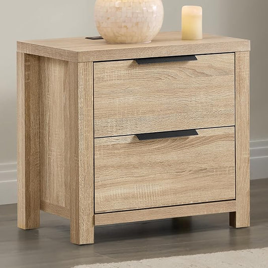 21" Farmhouse Nightstand with Charging Station 2 Drawers Large End Table with Metal Handle Rustic Low Night Stand Wood Dresser for Living Room Bedroom Closet,Natural Oak