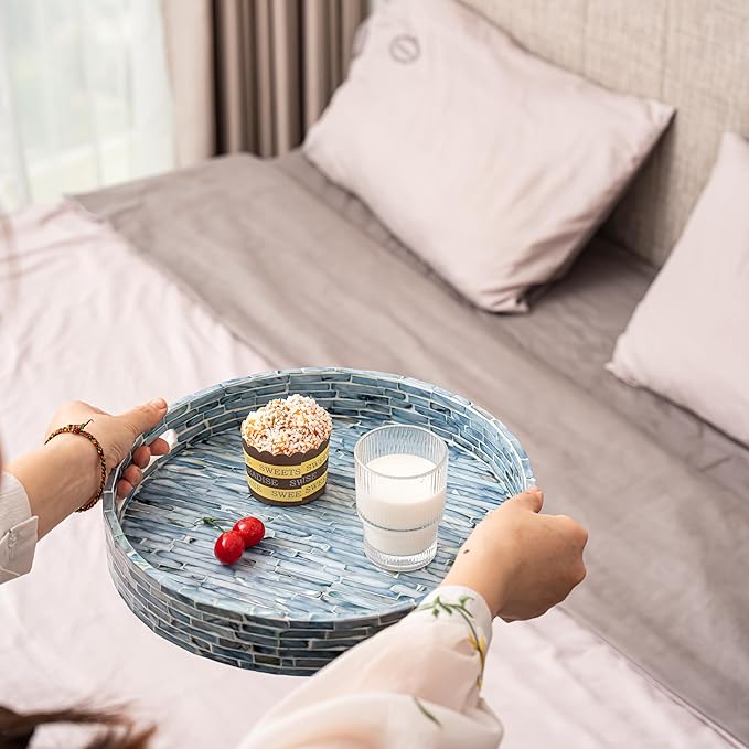 PEMAR 12.6” Mother of Pearls Lacquer Inlaid Round Serving Tray with Handles, Round Decorative Nacred Wooden Ottoman Coffee Table Tray (Blue Tiles)