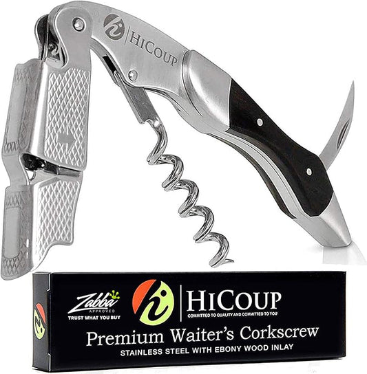 Hicoup Wine Opener - Professional Corkscrews for Wine Bottles w/Foil Cutter and Cap Remover - Manual Wine Key for Servers, Waiters, Bartenders and Home Use - Stainless Steel Ebony