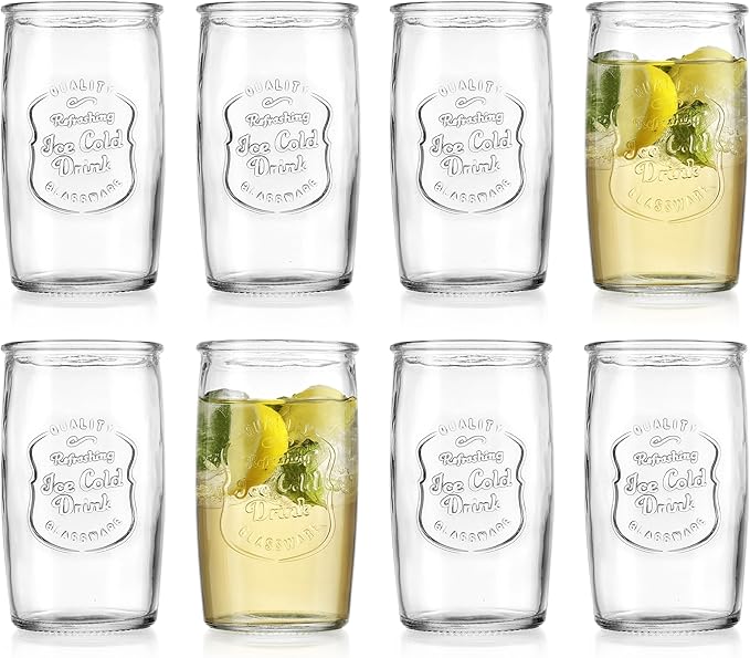 Glaver's Set of 8 Highball Glass Cups 20 OZ Stemless Tall Drinking Glasses For Everyday Use, Vintage Ice Cold Logo Tumbler Glassware for Bar, Juice, Cocktails, Beer, Water glasses.