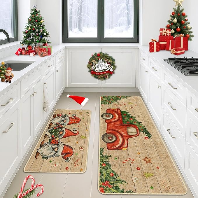 Christmas Truck Gnome Kitchen Rugs and Mats Non Skid Washable Set of 2, Xmas Kitchen Mats for Floor Decor