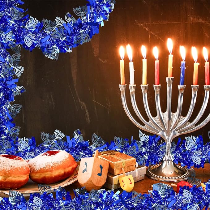 Hanukkah Decorations, 65 FT Blue Hanukkah Tinsel Garland with Menorah and Star of David Sequins Silver Ornaments Metallic Fake Twist Garland for Party Home Table Door Chanukah Indoor Outdoor