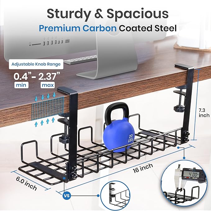 Under Desk Cable Management Tray, 16” No Drill Cord Organizer with Clamps for Wire Management, 4mm Sturdy Wire Desk Cable Organizer Tray, Cable Management Rack for Office