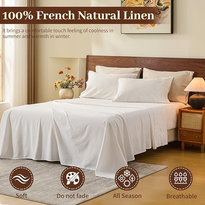 MEISHANG 100% French Pure Linen Sheets Queen Size - Bed Sheets 4 Piece Sets, Soft Durable Flax Linen, Anti-Tear Breathable Oeko-Tex Certified with 16" Deep Pocket (White)
