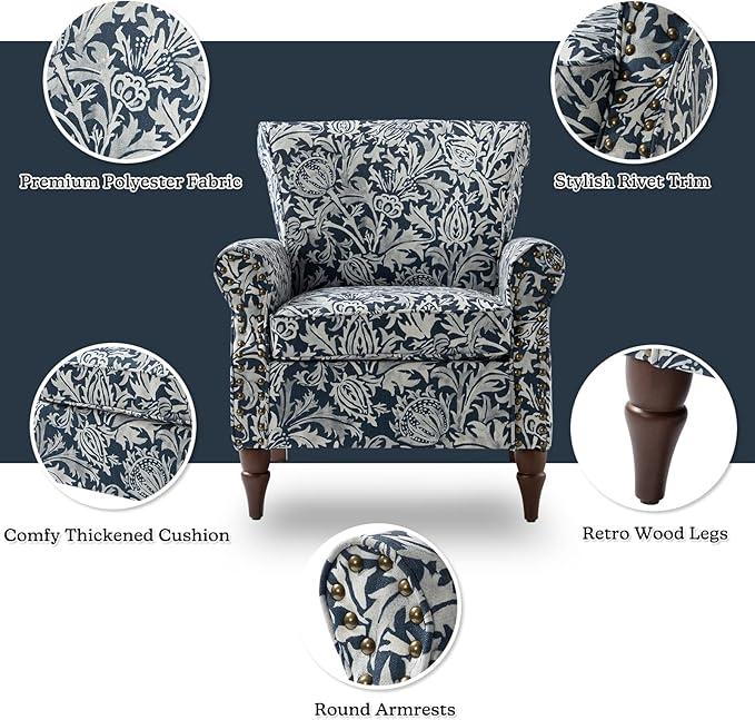 HULALA HOME Modern Wingback Accent Chair with Wood Legs & Removable Cushion, Comfy Upholstered Armchair with Nailhead Trim, Floral Pattern Single Sofa Chair for Living Room Bedroom, Navy