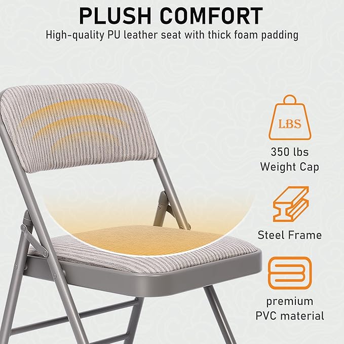 SEALAMB 4 Pack Fabric Folding Chairs with Padded Seats & Cushion, Metal Foldable Chairs for Wedding Party, Commercial Chairs for Office School Church Events, 350lb Capacity (Gary-Fabric, 4 Pack)