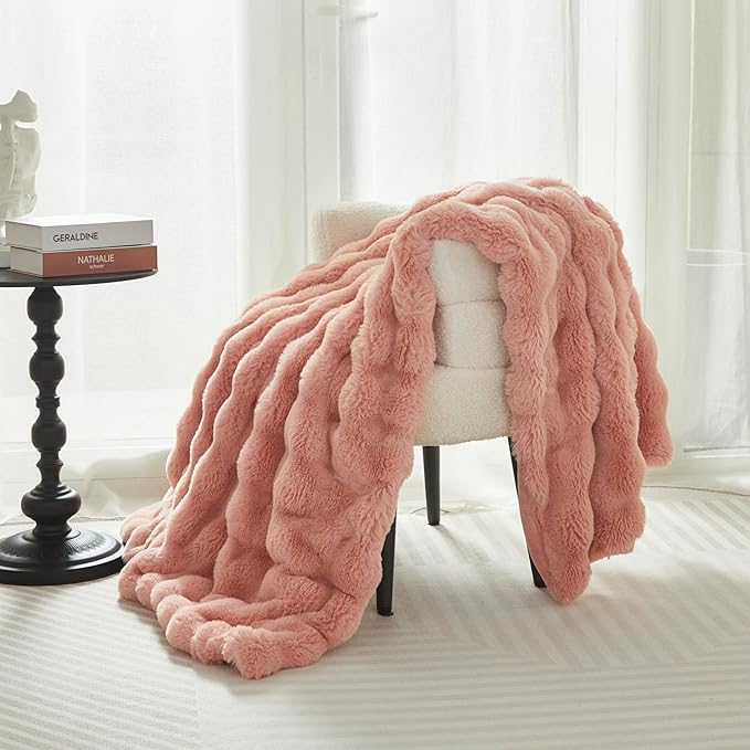 Faux Fur Throw Blanket for Couch Cozy Fuzzy Soft Plush Thick Fluffy Fleece Bubble Blanket for Sofa Bedroom Living Room, 51x63 Inches Pink