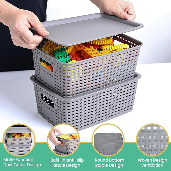 Plastic Storage Baskets with Lid-Plastic Storage Containers Stackable Storage bins: Storage Baskets for Organizing Shelves Drawers Desktop Closet Playroom Classroom Office, 8Pack-Gray,10.2x7.2x4.1Inch