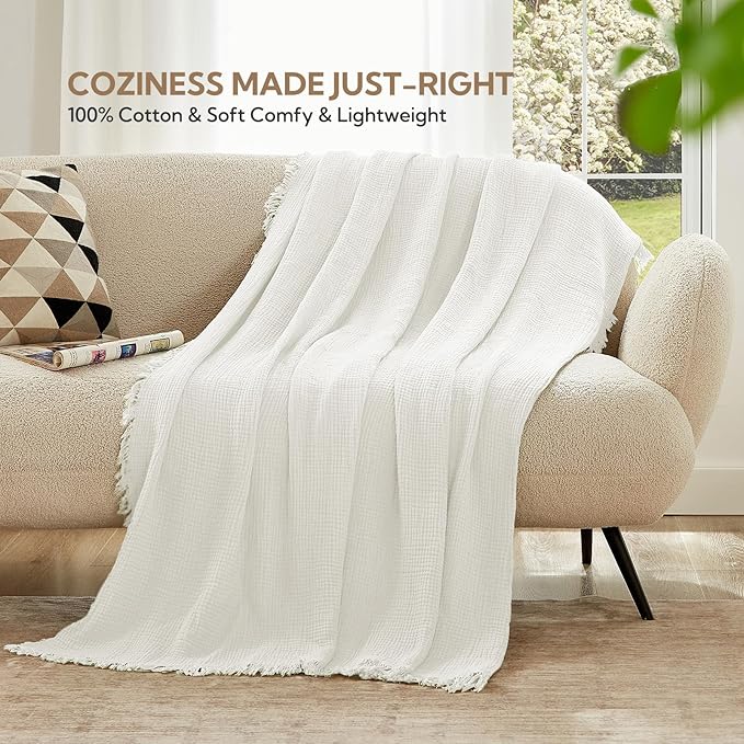 SOULFUL Muslin Throw Blanket with Tassels - Soft King Size Cotton Throw Blanket for Couch or Bed, Lightweight and Breathable Gauze for All Seasons, White, 108" x 90"