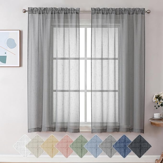 Aiyufeng Gray Sheer Curtains 54 Inch Length 2 Panel Set, Fresh Farmhouse 54 Inch Long Sheer Linen Look Airy & Lightweight Elegant Window Treatments for Bedroom/Living Room/Kitchen, 30Wx54L inch