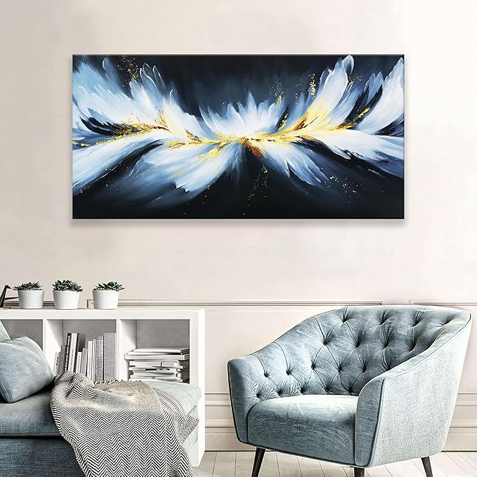 Abstract Black And Gold Wall Art Maximalist Canvas Wall Art Decor Prints Modern White Abstract Wall Decor Artwork For Living Room Bedroom Kitchen Office Artwork Ready To Hang 24" × 48"