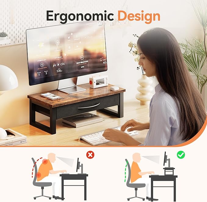 Computer Monitor Stand Riser with Drawer, 2-Tier Desk Accessories & Workspace Organizers, Laptop Stand for Desk with Storage, Office Organization, Wood