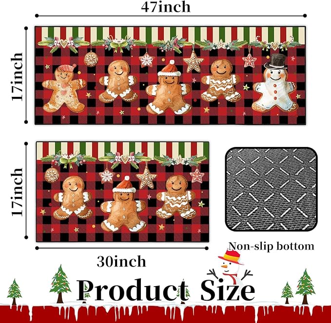 Christmas Kitchen Rugs Non-Slip Holiday Floor Mats 2 Piece Set Gingerbread Man Vintage Decor Soft Absorbent Mats for Front of Sink 17x30 and 17x47 Inches