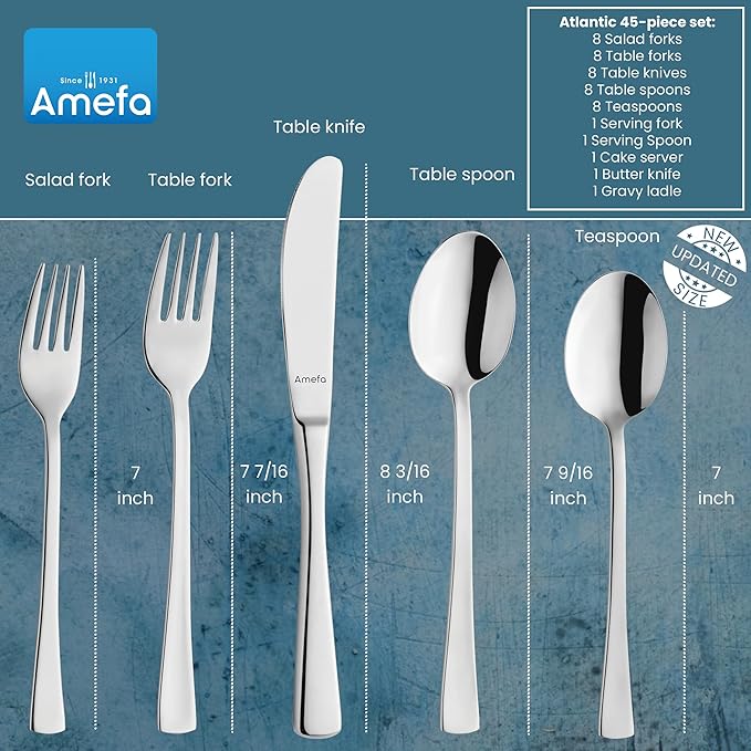 Amefa 45-Piece Silverware Flatware Cutlery Set Service for 8, Durable 18/10 Stainless Steel High Gloss Mirror Finish, tableware in Ergonomic Design Size and Weight, Dishwasher Safe (Atlantic)