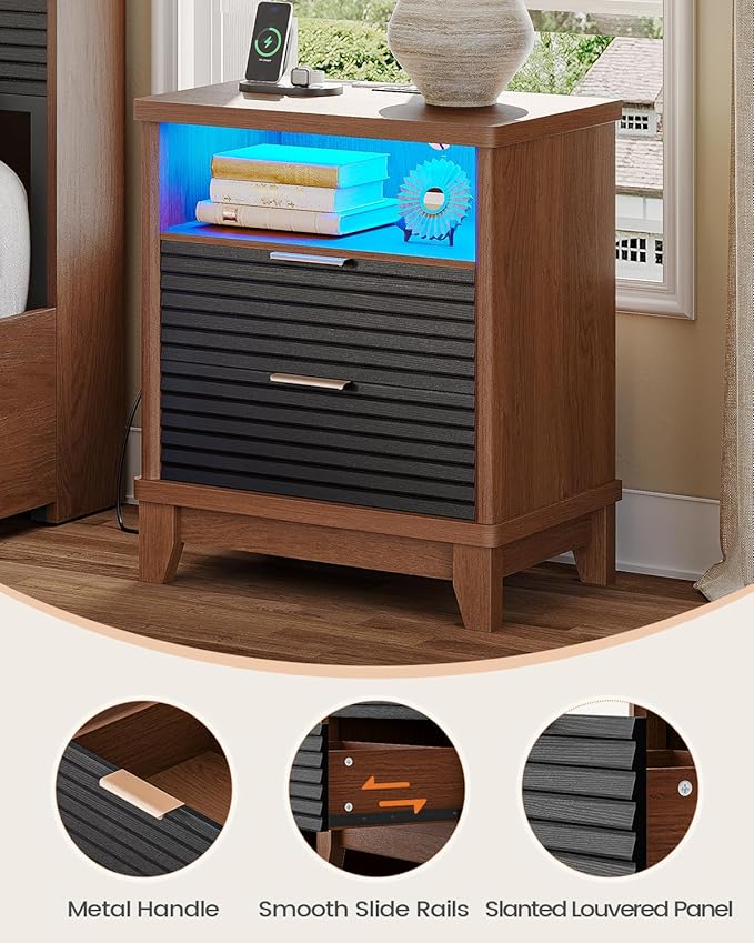 AOGLLATI Fluted Night Stand with Charging Station and 2 Drawers, Black Nightstands Beside Table with Open Storage and Led Lights,Retro End Side Table for Bedroom (1, Black)
