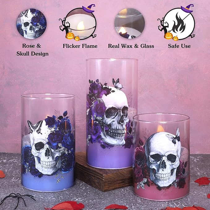 Halloween Glass Flameless Candles Romantic Gothic Skull Floral Battery Operated Remote Timer Flickering LED Pillar Candle for Wedding Party Goth Bathroom Decor