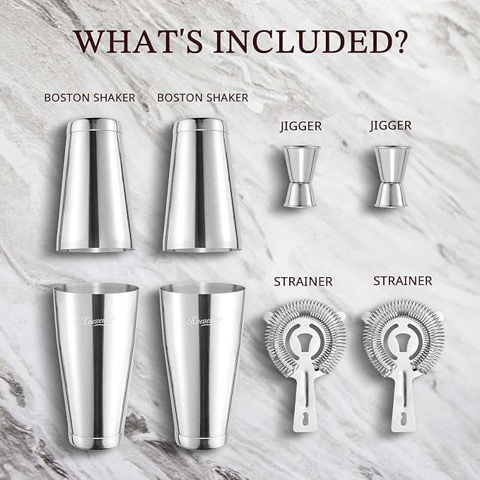 KITESSENSU Boston Cocktail Shaker Set, 8-Piece Professional Bartender Kit with Stainless Steel Martini Drink Mixer, Hawthorne Strainers, Double Jiggers, Dishwasher Safe Bar Tools for Home Bars & Gifts