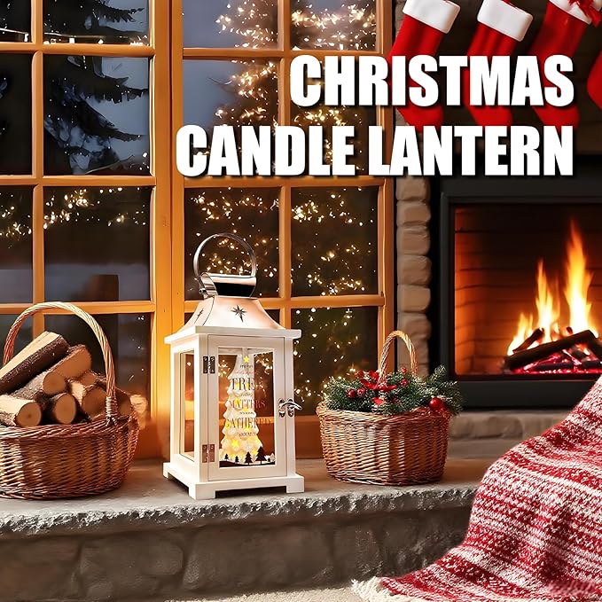 Christmas Candle Lanterns Decorative Indoor- Hanging Candle Lantern with Ceramic Christmas Tree that Light up for Modern Farmhouse Decor, Christmas Lantern for Xmas Table Centerpieces, Home Décor