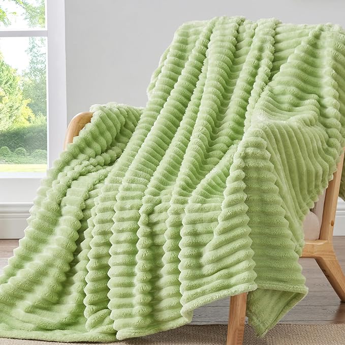 BEDELITE Twin Blanket for Couch & Bed, 300GSM Soft & Warm Fleece Blanket, Decorative and Giftable Striped Grass Green Blankets for Women, Men, 60"x80"