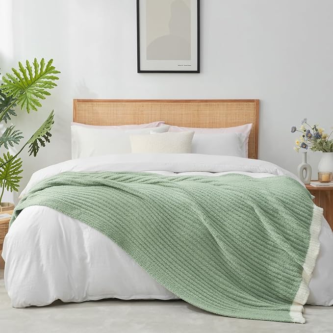 Snuggle Sac Fluffy Ribbed Throw Blanket for Couch, Sage Green, Microfiber Knit Throws for Sofa, Soft Luxurious Fuzzy Warm Blankets for Sofa, Bed, Travel, Sage Green, 50x60 inches