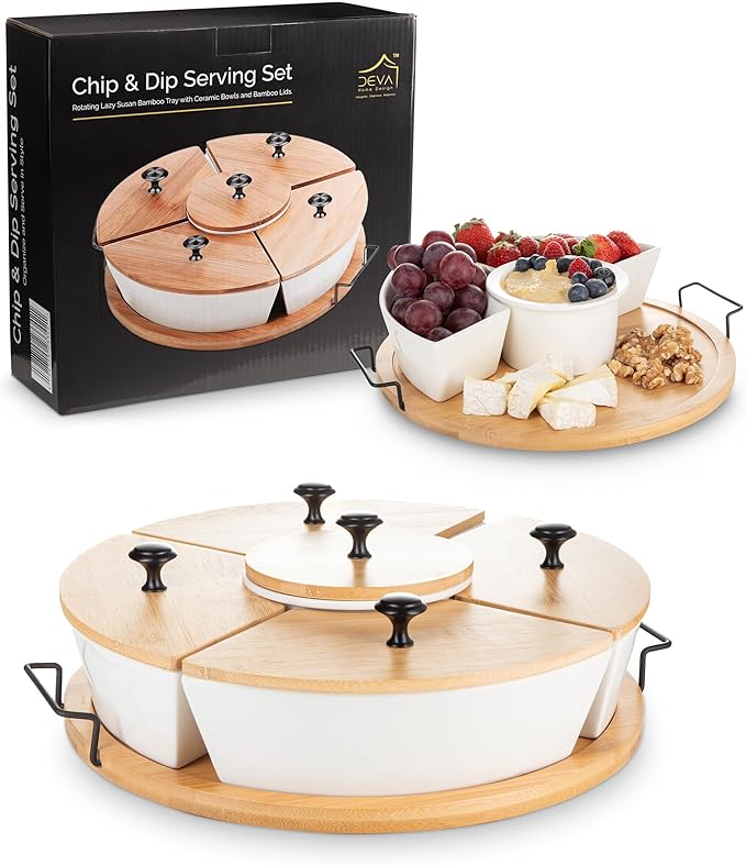 Chip & Dip Serving Set | Appetizer Set With Rotating Bamboo Lazy Susan Tray| White Ceramic Bowls With Bamboo Lids | Black Handle Tray | 11.22” Round Party Platter | Giftable