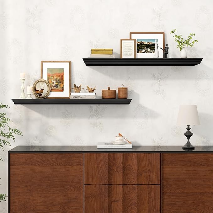 Axeman 36 Inch Floating Shelves for Wall, 9.3" Deep Crown Molding Wood Display Shelf with Heavy Duty Invisible Brackets for Living Room, Bedroom, Bathroom, Kitchen Decor & Storage, Set of 2, Black