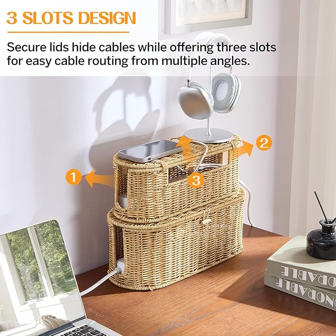 FairyHaus Cable Management Box 2Pack Caramel, Handwoven Large and Small Cable Organizer Box Cover to Hide Cords and Power Strip, Imitation Wicker Cord Organizer Box Hider for Office Desk and Floor