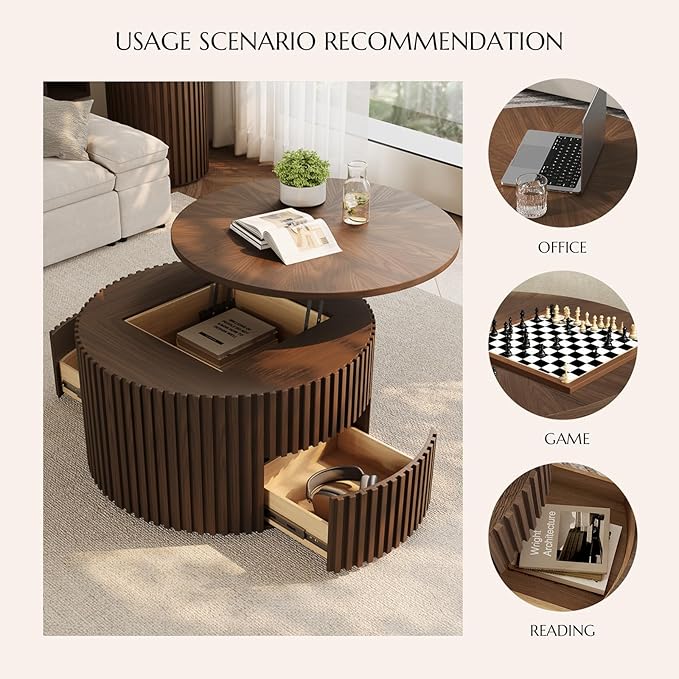 POVISON Round Coffee Table with Storage, Lift Top Coffee Table for Living Room, 31.65" Fluted Mid Century Modern Center Table for Home, Office, Walnut, Fully Assembled